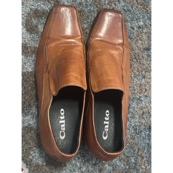 Calto Dress Shoes Leather Slip On Loafers Square Toe Brown Mens Size 9