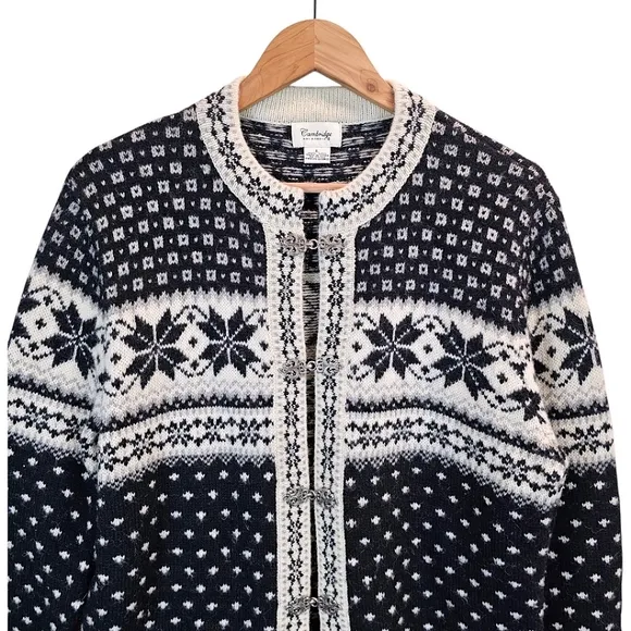 Cambridge Dry Goods Womens 100% Wool Fair Isles Nordic Cardigan Sweater Large