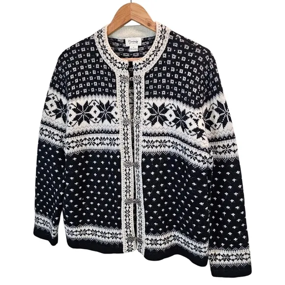 Cambridge Dry Goods Womens 100% Wool Fair Isles Nordic Cardigan Sweater Large