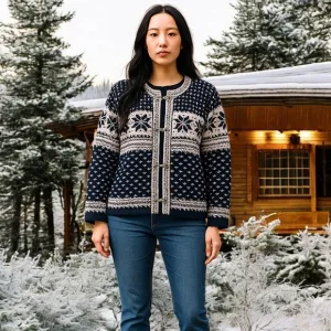 Cambridge Dry Goods Womens 100% Wool Fair Isles Nordic Cardigan Sweater Large