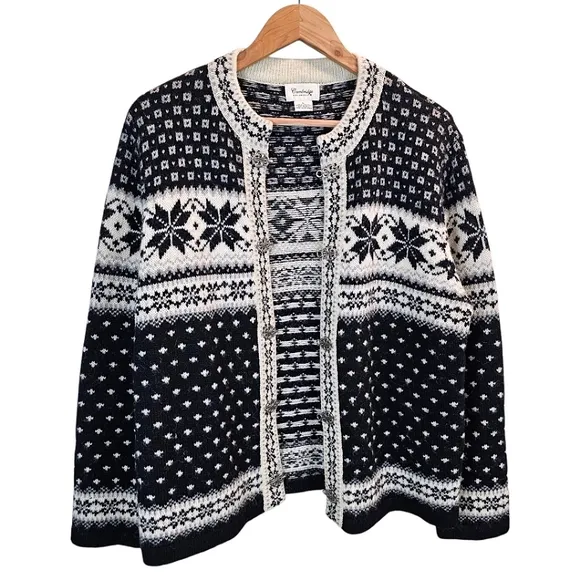 Cambridge Dry Goods Womens 100% Wool Fair Isles Nordic Cardigan Sweater Large
