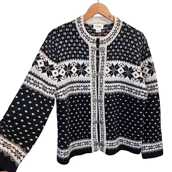 Cambridge Dry Goods Womens 100% Wool Fair Isles Nordic Cardigan Sweater Large