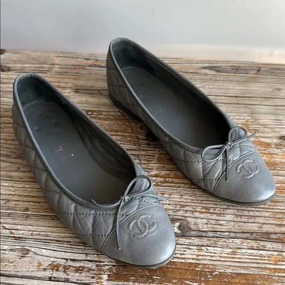 Chanel Gray Quilted Ballet Flats
