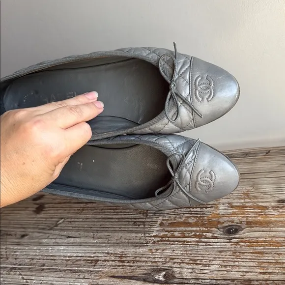 Chanel Gray Quilted Ballet Flats