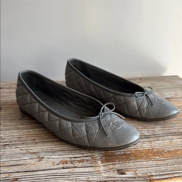 Chanel Gray Quilted Ballet Flats