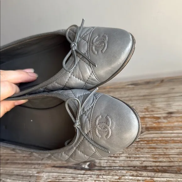 Chanel Gray Quilted Ballet Flats