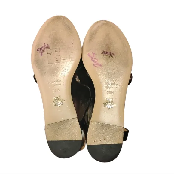 CHARLOTTE OLYMPIA | Fifi Black Leather Feather-Trimmed Sandals in Size US 6