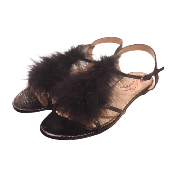 CHARLOTTE OLYMPIA | Fifi Black Leather Feather-Trimmed Sandals in Size US 6