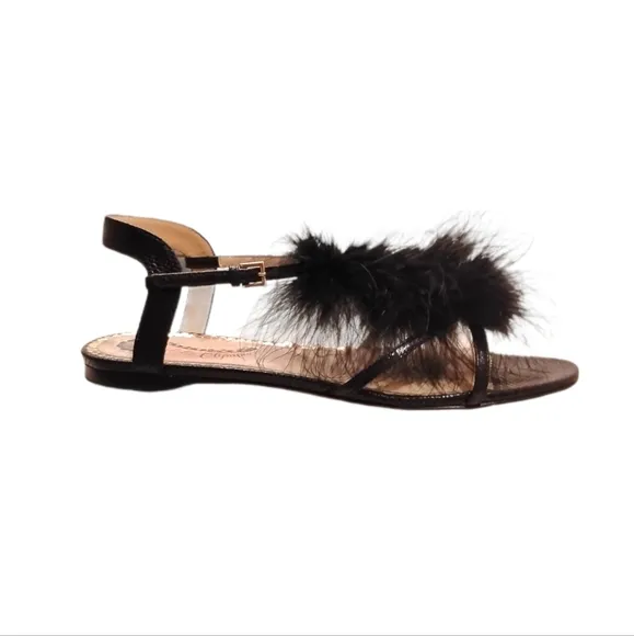 CHARLOTTE OLYMPIA | Fifi Black Leather Feather-Trimmed Sandals in Size US 6
