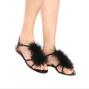 CHARLOTTE OLYMPIA | Fifi Black Leather Feather-Trimmed Sandals in Size US 6