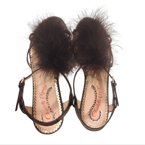 CHARLOTTE OLYMPIA | Fifi Black Leather Feather-Trimmed Sandals in Size US 6