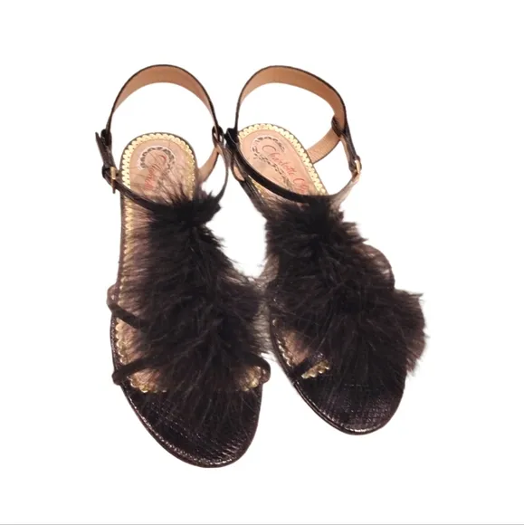 CHARLOTTE OLYMPIA | Fifi Black Leather Feather-Trimmed Sandals in Size US 6