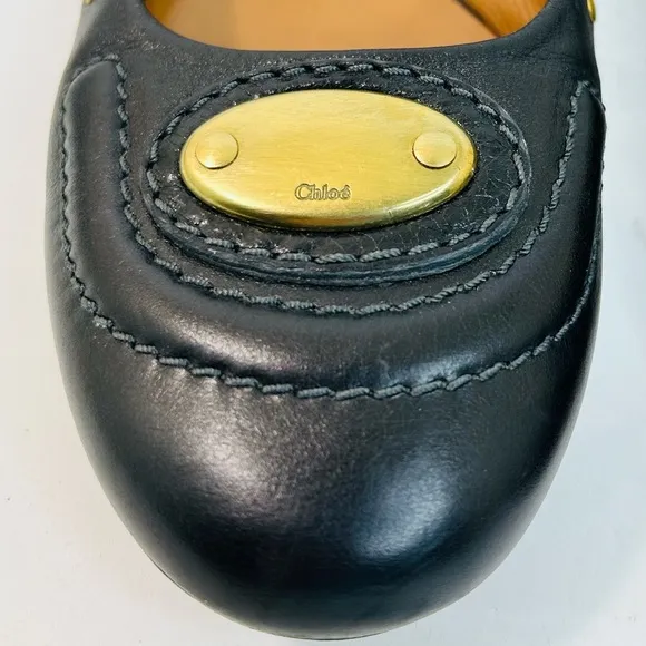 Chloe Black Leather Ballet Flats Brass Logo Nameplate Vintage size 41 / 11 US