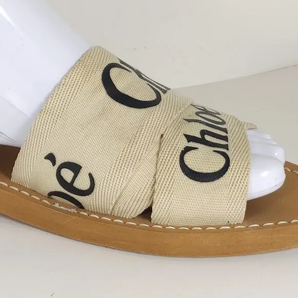 Chloe Women's Woody EU38 US7,5-8 Beige Canvas Logo SlipOn Strappy Slide Sandals