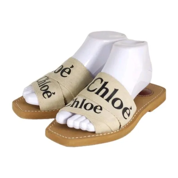 Chloe Women's Woody EU38 US7,5-8 Beige Canvas Logo SlipOn Strappy Slide Sandals