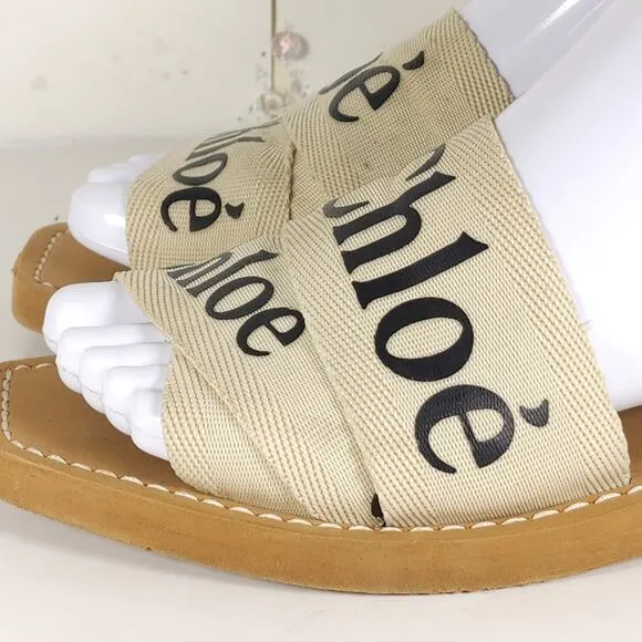 Chloe Women's Woody EU38 US7,5-8 Beige Canvas Logo SlipOn Strappy Slide Sandals