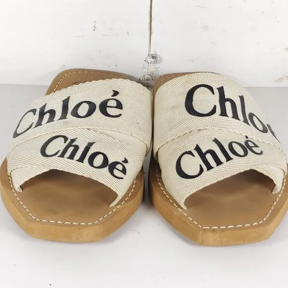 Chloe Women's Woody EU38 US7,5-8 Beige Canvas Logo SlipOn Strappy Slide Sandals