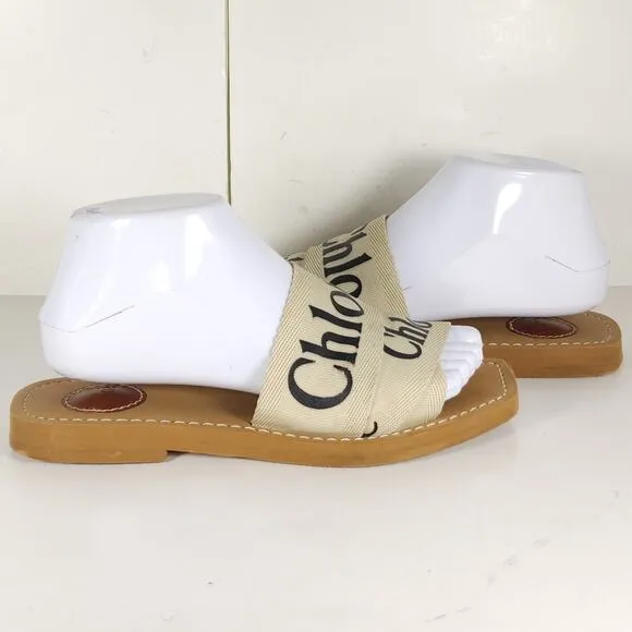 Chloe Women's Woody EU38 US7,5-8 Beige Canvas Logo SlipOn Strappy Slide Sandals
