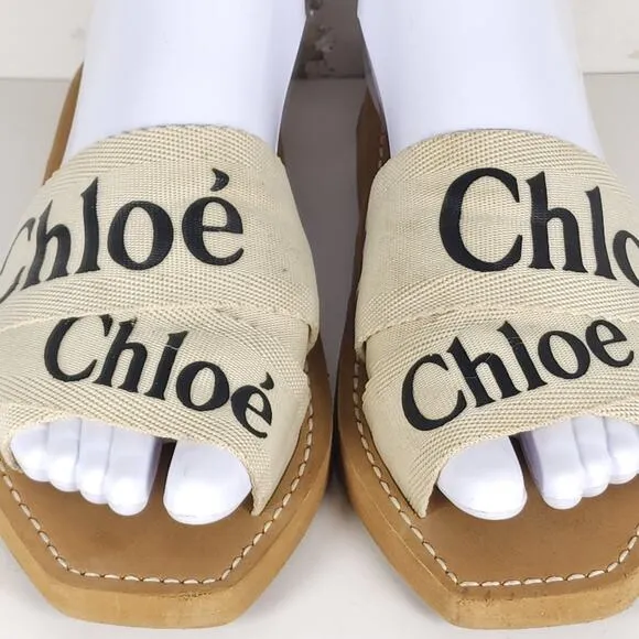 Chloe Women's Woody EU38 US7,5-8 Beige Canvas Logo SlipOn Strappy Slide Sandals