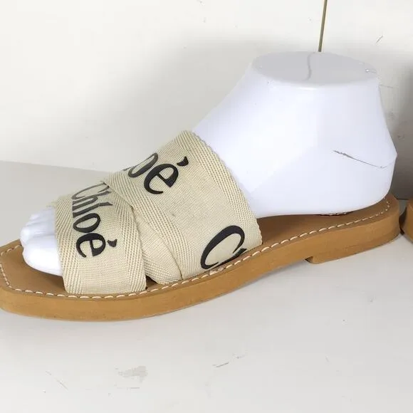 Chloe Women's Woody EU38 US7,5-8 Beige Canvas Logo SlipOn Strappy Slide Sandals