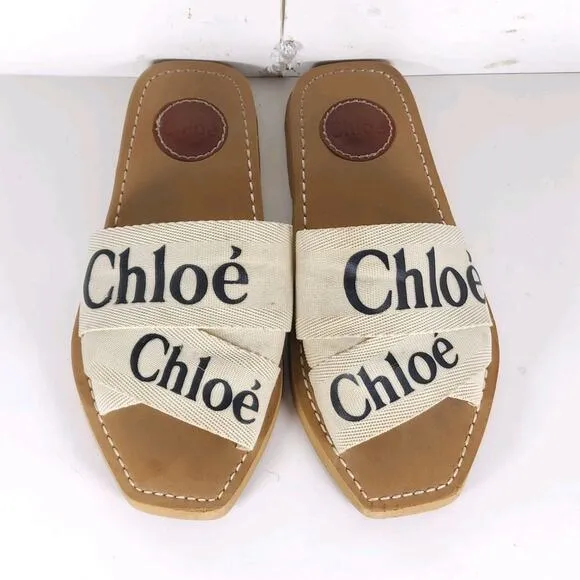 Chloe Women's Woody EU38 US7,5-8 Beige Canvas Logo SlipOn Strappy Slide Sandals