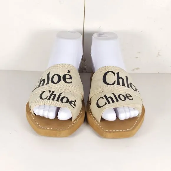 Chloe Women's Woody EU38 US7,5-8 Beige Canvas Logo SlipOn Strappy Slide Sandals