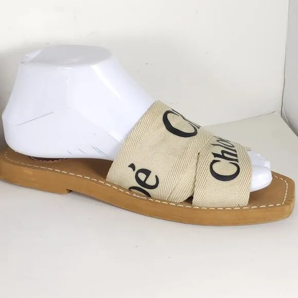 Chloe Women's Woody EU38 US7,5-8 Beige Canvas Logo SlipOn Strappy Slide Sandals