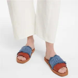 Chloe Woody Logo Flat Denim Slide Sandals