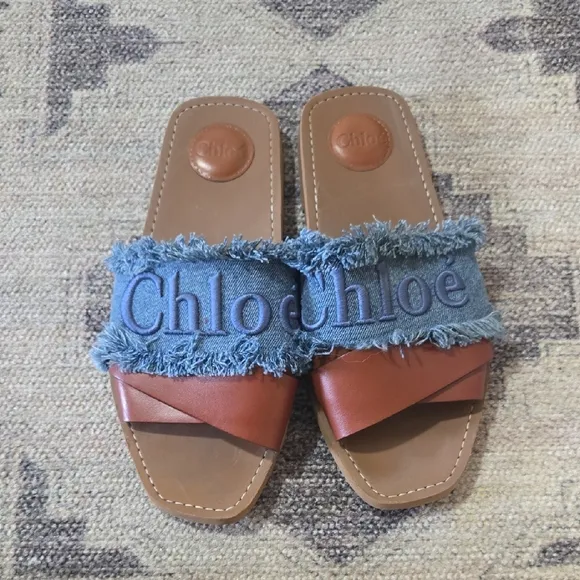Chloe Woody Logo Flat Denim Slide Sandals