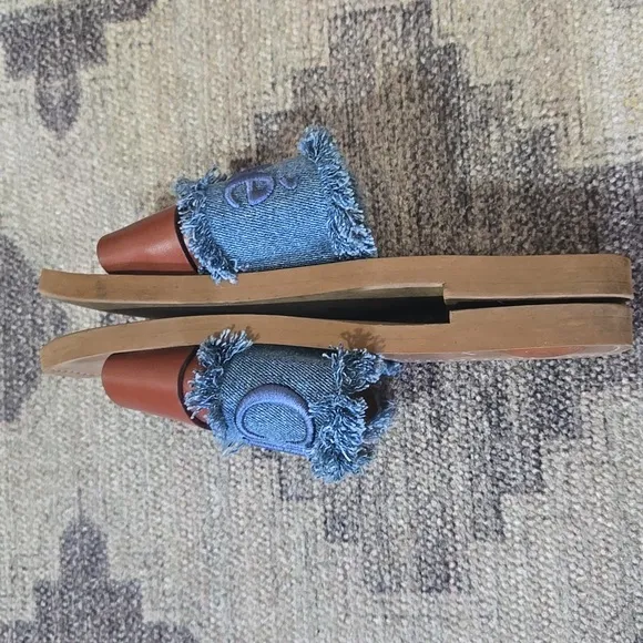 Chloe Woody Logo Flat Denim Slide Sandals