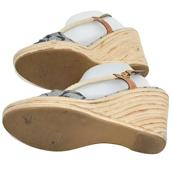 Coach Denim Blue Rope Canvas Logo Tan Leather Wedge Espadrilles Sandals Heels 9