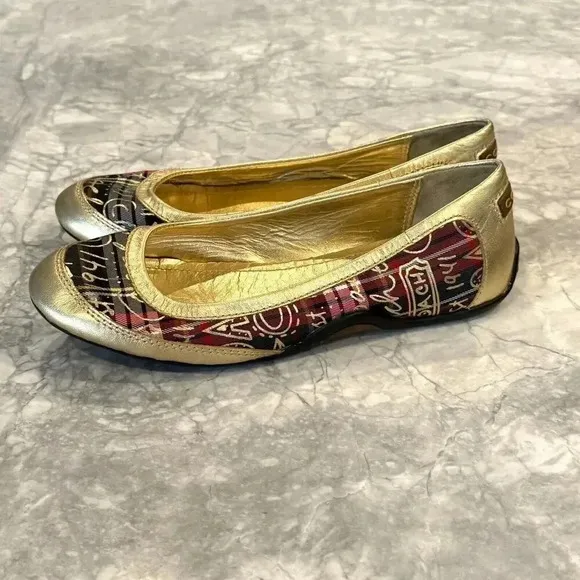 Coach Gold Tartan Plaid Ballet Flats Size 5.5 B