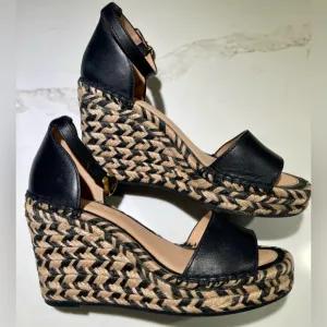 COACH Kit Espadrilles, Black leather Wedge Peep Toe Platform Sandal Heels Size 6