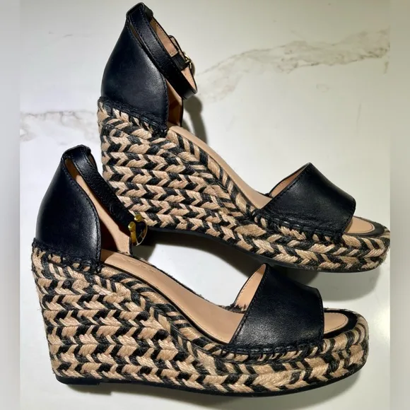 COACH Kit Espadrilles, Black leather Wedge Peep Toe Platform Sandal Heels Size 6