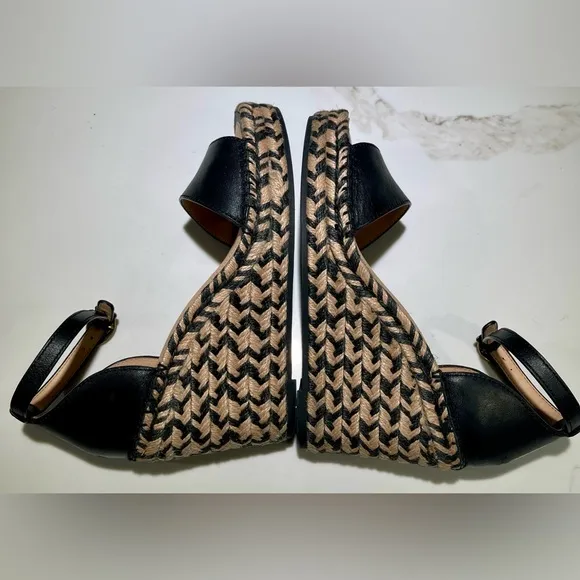 COACH Kit Espadrilles, Black leather Wedge Peep Toe Platform Sandal Heels Size 6