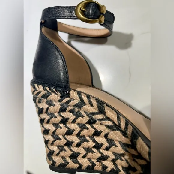 COACH Kit Espadrilles, Black leather Wedge Peep Toe Platform Sandal Heels Size 6