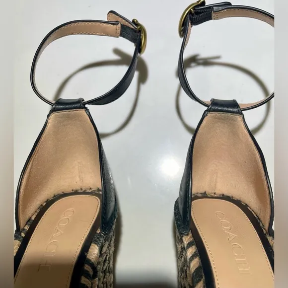 COACH Kit Espadrilles, Black leather Wedge Peep Toe Platform Sandal Heels Size 6