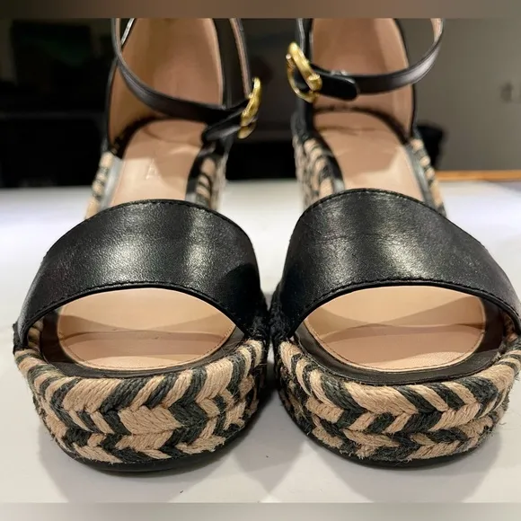 COACH Kit Espadrilles, Black leather Wedge Peep Toe Platform Sandal Heels Size 6