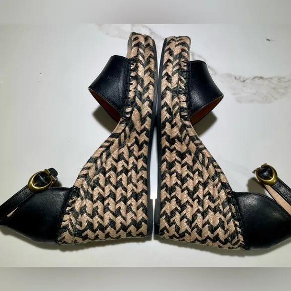 COACH Kit Espadrilles, Black leather Wedge Peep Toe Platform Sandal Heels Size 6