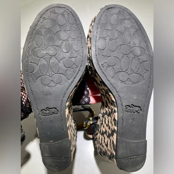 COACH Kit Espadrilles, Black leather Wedge Peep Toe Platform Sandal Heels Size 6