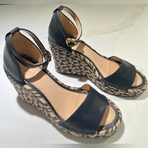 COACH Kit Espadrilles, Black leather Wedge Peep Toe Platform Sandal Heels Size 6