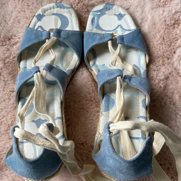 Coach Rosie Platform Wedge Sandals Espadrilles Lace Up Wrap Blue Cream 9 NWOT