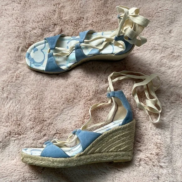 Coach Rosie Platform Wedge Sandals Espadrilles Lace Up Wrap Blue Cream 9 NWOT
