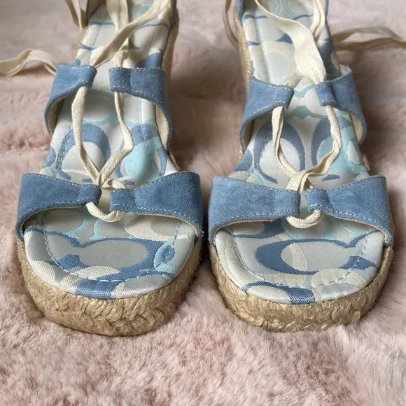 Coach Rosie Platform Wedge Sandals Espadrilles Lace Up Wrap Blue Cream 9 NWOT