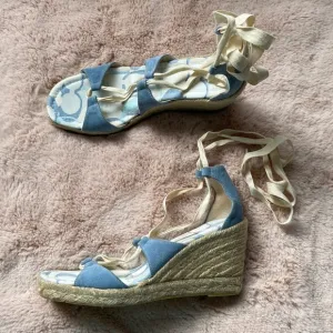 Coach Rosie Platform Wedge Sandals Espadrilles Lace Up Wrap Blue Cream 9 NWOT