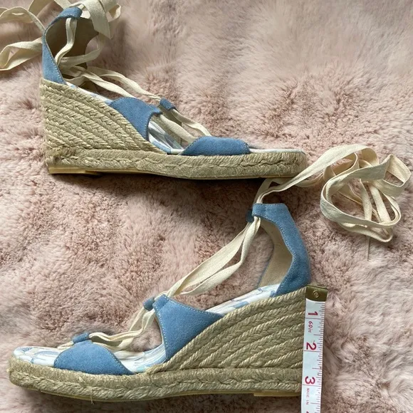 Coach Rosie Platform Wedge Sandals Espadrilles Lace Up Wrap Blue Cream 9 NWOT