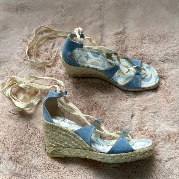 Coach Rosie Platform Wedge Sandals Espadrilles Lace Up Wrap Blue Cream 9 NWOT