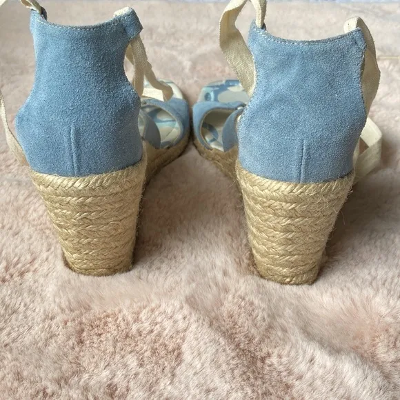 Coach Rosie Platform Wedge Sandals Espadrilles Lace Up Wrap Blue Cream 9 NWOT