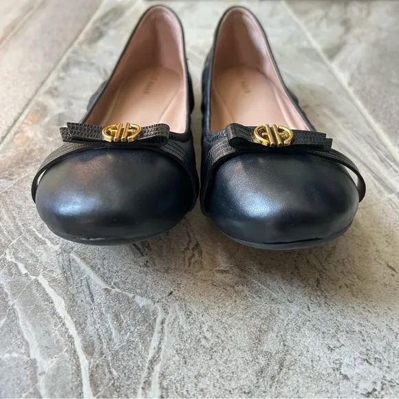 Cole Haan, Like New Women's Tova Bow Black Leather Ballet Flats, Size 11B