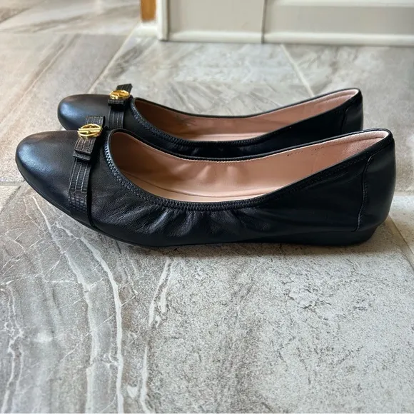 Cole Haan, Like New Women's Tova Bow Black Leather Ballet Flats, Size 11B